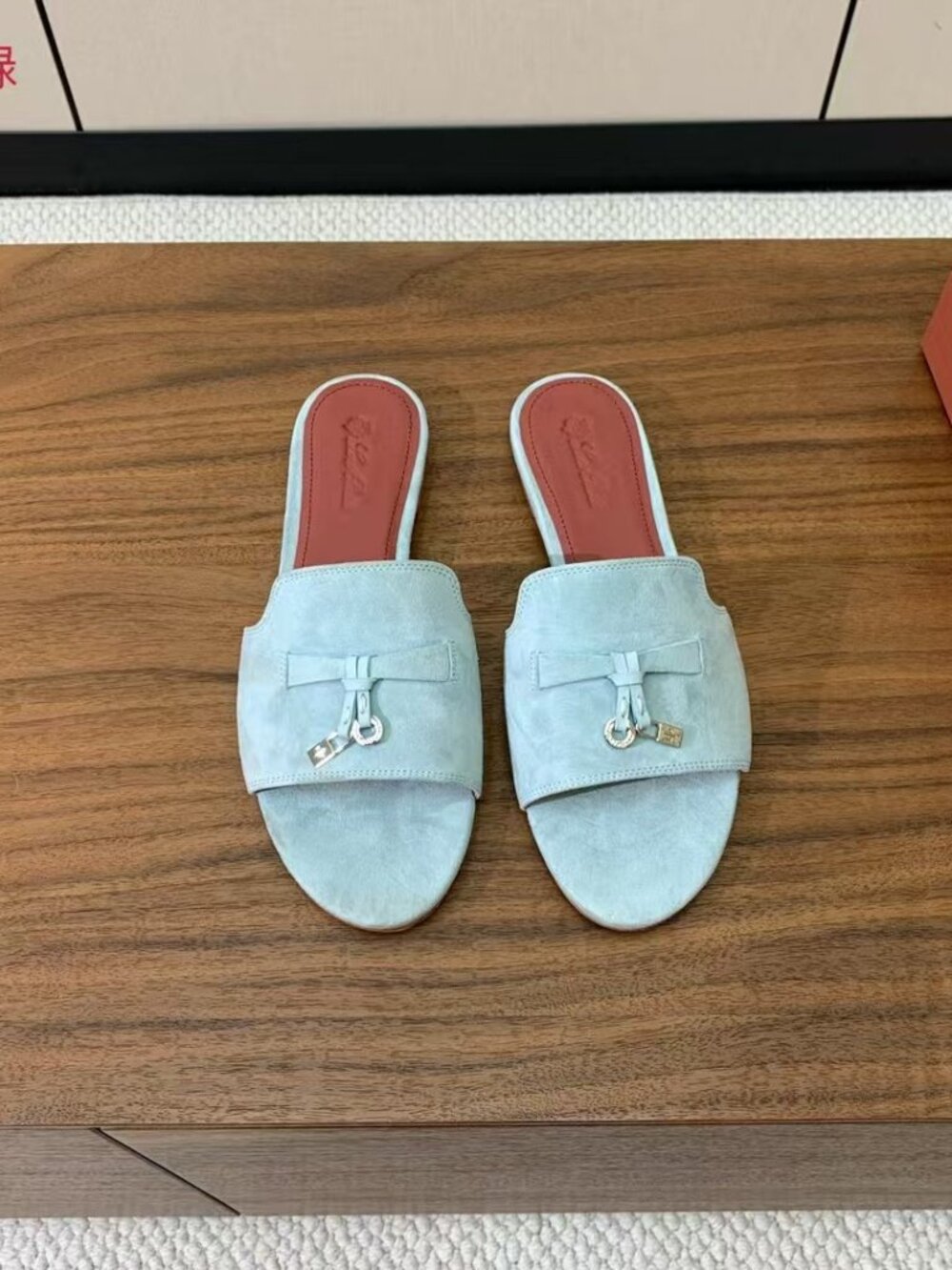 Loro Piana Light Baby Blue Suede Flat Slide Sandals Bow Gold Hardware - Picture 2 of 6